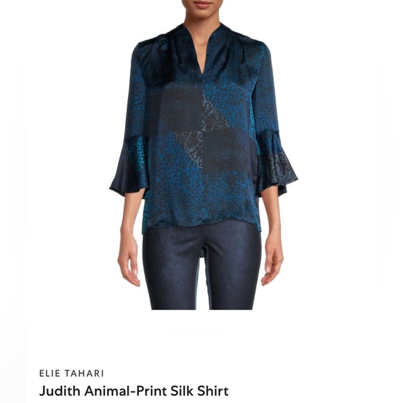 Elie Tahari NWOT “Judith” 100% Silk Animal Print Blouse Size Small. Blue & Black - Picture 14 of 16